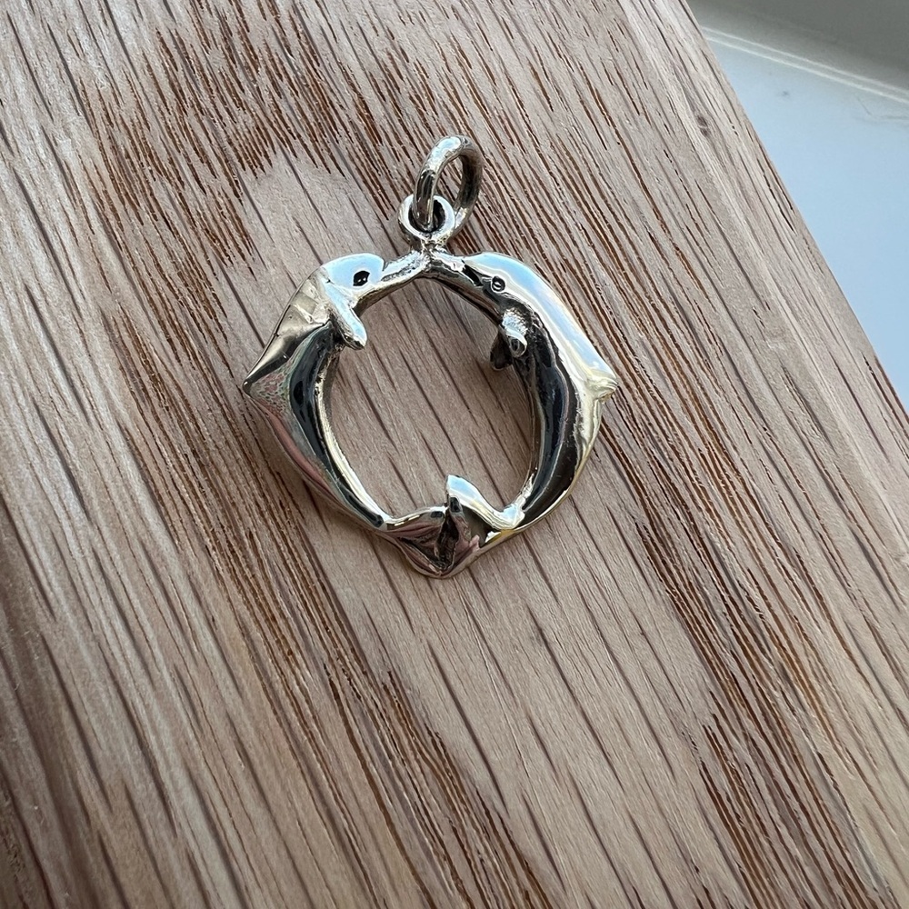 Dolphin Circle Pendant Vintage Sterling Silver 925 NOS